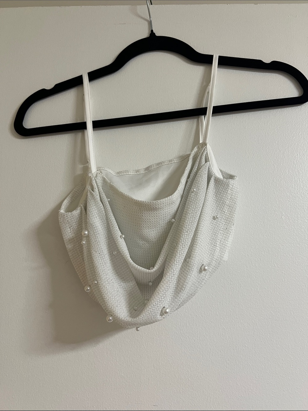 Pearl-Embellished White Cowl Neck Camisole